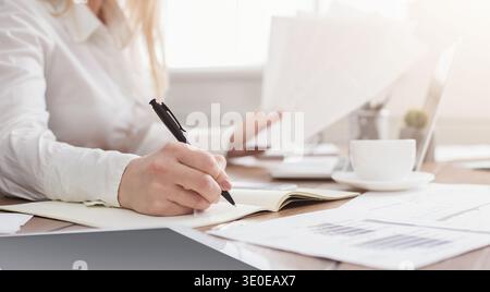 Young successful woman writing notes while sitting in office Stock Photo