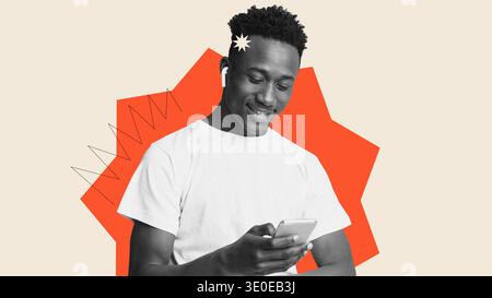 Young Man Uses Smartphone While Wearing Earphones in a Creative Collage Stock Photo