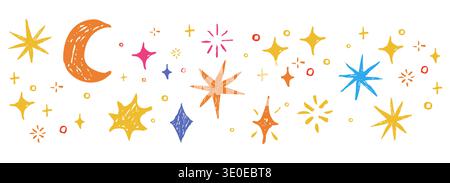 Star border spark crayon bling falling stars textured hand drawn divider. Simple pencil festive shiny space elements, moon, festive lights . Vector illustration Stock Vector