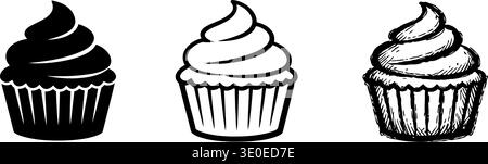 Black and white cupcake icons in various artistic styles. Stock Vector