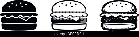 Simple hamburger icon set featuring both outline and solid black versions for digital design. Stock Vector