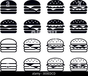 Simple hamburger icon set featuring both outline and solid black versions for digital design. Stock Vector