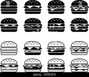 Simple hamburger icon set featuring both outline and solid black versions for digital design. Stock Vector