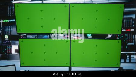 African American Male Trader Working at Modern High Tech Desk With Four Green Screen Monitors in Busy Financial Office. Concept of Financial Data, Software Demos, and Corporate Presentations. Stock Photo