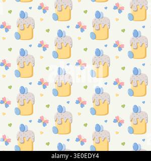 Seamless pattern of decorated yellow cakes with icing, sprinkles, and blue egg toppers, accompanied by colorful butterflies and hearts on cream backgr Stock Photo