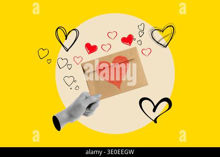 Collage of a woman hand holding an envelope with a red heart on a pink circle on a yellow background with black hearts Stock Photo