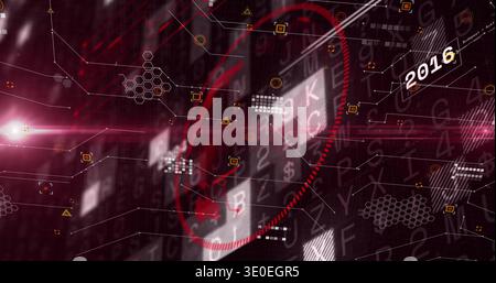 Displaying central red target ring showing data matrices in GUI, with links, nodes and lens flare Stock Photo
