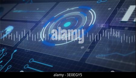 Displaying concentric HUD spinning over dark grid plane, with waveform, data panels, circuit traces Stock Photo