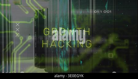 Displaying large GROWTH HACKING text glowing across server room, with server racks and LEDs Stock Photo