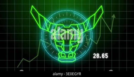 Displaying geometric neon green bull head on black grid field, with cyan HUD, jagged chart 28 Stock Photo