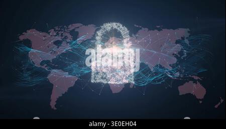 Hovering central padlock of particles signaling security over muted purple map, with data streams Stock Photo