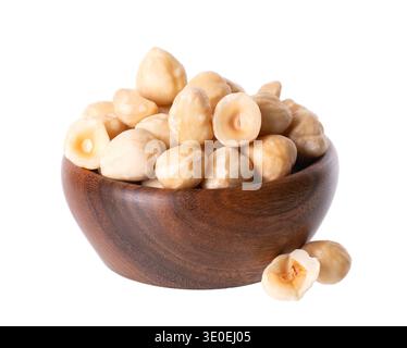 Hazelnut isolated on white background. Peeled hazelnuts in wooden bowl. Clipping path Stock Photo
