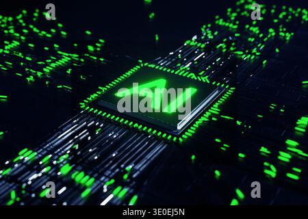 Futuristic AI microprocessor glowing green on a dark motherboard. High-speed data trails represent artificial intelligence, machine learning, and adva Stock Photo