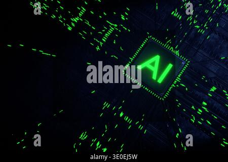 Futuristic CPU chip with glowing green "AI" text on a dark circuit board. Representing artificial intelligence, machine learning, neural networks, and Stock Photo