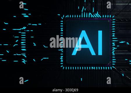 Futuristic microchip with AI text and blue neon circuits. Representing cybersecurity, big data processing, cloud technology, and the integration of sm Stock Photo