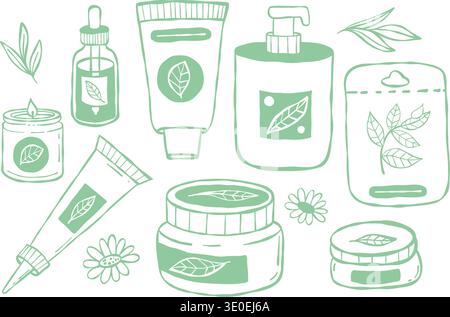 Outline Natural Green Organic Cosmetics. Skincare with Herbal Ingredients Doodle Set. Isolated Line Art hand-drawn. Vector Illustration Stock Vector