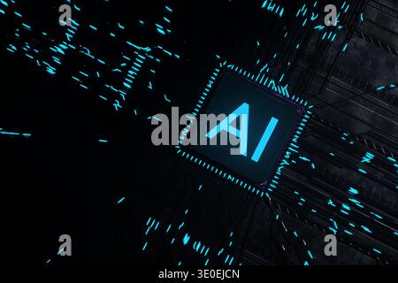 Blue glowing AI processor on a dark motherboard with digital light trails. Concept for artificial intelligence, advanced neural networks, high-tech co Stock Photo