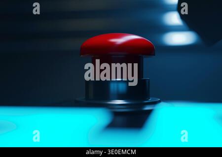 Set of glossy red emergency buttons on metallic bases. Features high-angle and side views with cinematic lighting. Concept for nuclear launch, panic, Stock Photo