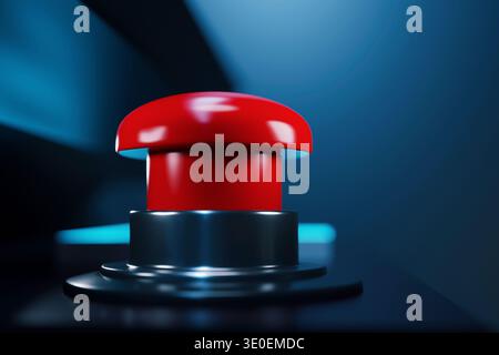 Extreme close-up of a glossy red panic button on a metallic base. High-tech dark blue background with cinematic lighting. Concept of emergency, nuclea Stock Photo