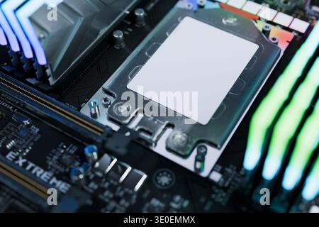 Futuristic computer hardware background featuring semiconductor technology and microchip socket. Concept of digital transformation, artificial intelli Stock Photo