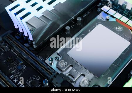 Top view of motherboard or processor socket on a server-grade motherboard. High-performance computing, data center hardware, and enterprise workstatio Stock Photo