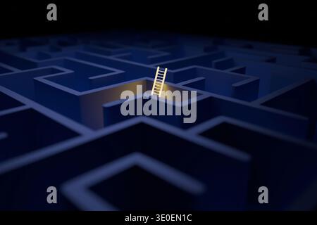 3D render of a glowing ladder rising from a dark blue maze. Conceptual art representing creative solutions, business strategy, overcoming obstacles, a Stock Photo