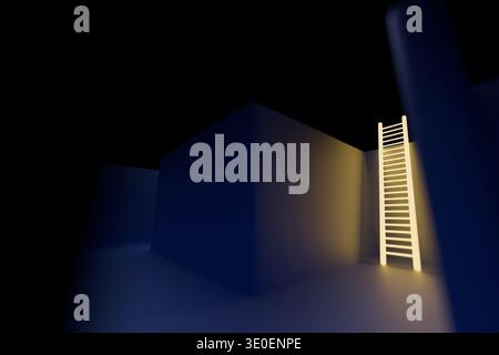 3D minimalist render of a glowing yellow ladder leaning against a dark blue wall. Concept of finding a solution, career growth, spiritual ascent, and Stock Photo