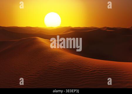 Stunning sunset over rolling sand dunes in a vast desert. High contrast between bright golden light and deep shadows, highlighting the natural ripples Stock Photo