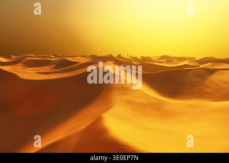 Breathtaking golden desert landscape at sunset. Rolling sand dunes with deep shadows and glowing orange light create a majestic, warm atmosphere. Perf Stock Photo