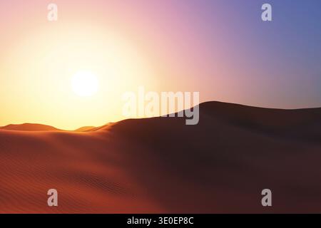 Stunning desert landscape at sunset. Golden sun rays illuminate rolling sand dunes, creating dramatic shadows and rhythmic ripples. A peaceful, warm, Stock Photo