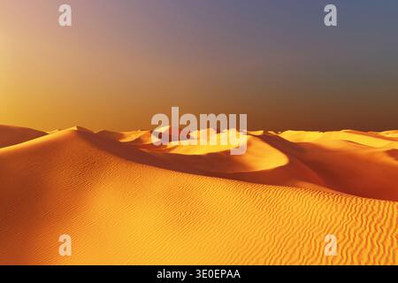 Golden desert sunset with rolling sand dunes. Rhythmic wind-swept ripples and deep shadows create a warm, cinematic atmosphere. Perfect for travel, na Stock Photo
