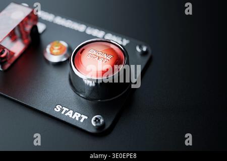Close-up of a glossy red Engine Start button on a matte black racing panel. High-quality details showing chrome housing. Perfect for automotive and sp Stock Photo