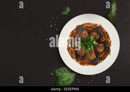 Collection of Different Pasta Dishes Arranged in a Collage Set on a Dark Surface Stock Photo