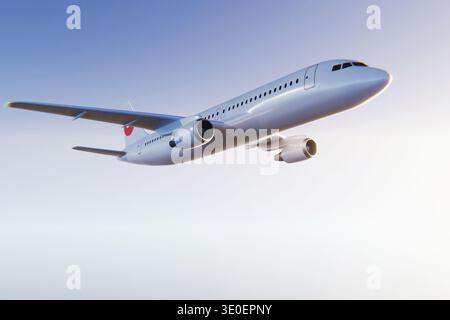 Commercial passenger jet airliner flying high in a clear blue sky during a sunny day. Sleek white airplane soaring through the atmosphere, representin Stock Photo