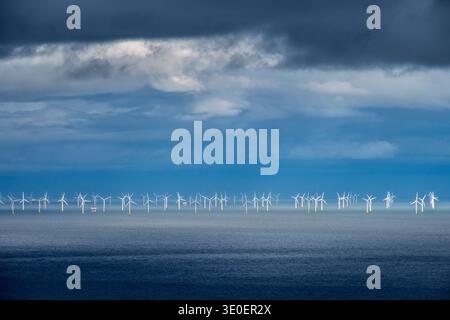 The Gwynt y Môr offshore wind farm in the Irish Sea viewed from the Great Orme, Llandudno, North Wales Stock Photo
