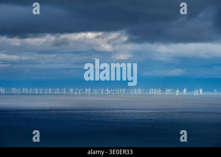 The Gwynt y Môr offshore wind farm in the Irish Sea viewed from the Great Orme, Llandudno, North Wales Stock Photo