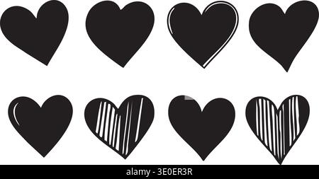 Black Doodle Heart Hand Drawn Love Affection Valentine Abstract Symbol Sketch Set Stock Vector