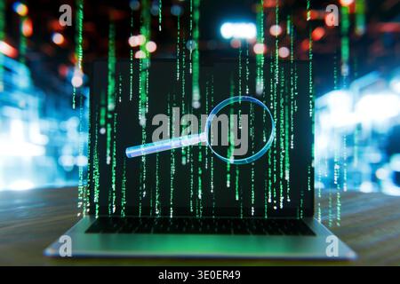 laptop featuring a floating magnifying glass over falling green binary code. digital forensics, software debugging, and cloud computing security. Sear Stock Photo