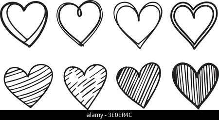 Abstract Heart Hand Drawn Black Doodle Love Affection Valentine Sketch Symbol Set Stock Vector