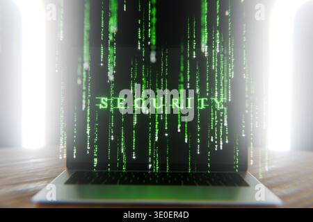 modern laptop displays the word SECURITY formed by glowing green matrix-style code. Features a futuristic digital rain effect against a bright, high-t Stock Photo