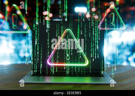 laptop screen displaying a glowing warning triangle with an exclamation mark over matrix digital rain, symbolizing a cyber attack, security breach, sy Stock Photo