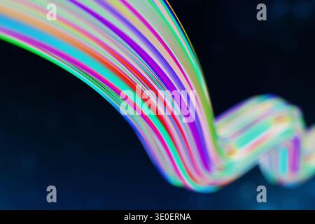 Abstract 3D render of a glowing multi-colored wave flowing through dark space. Dynamic neon ribbons with fluid motion and soft bokeh effects create a Stock Photo