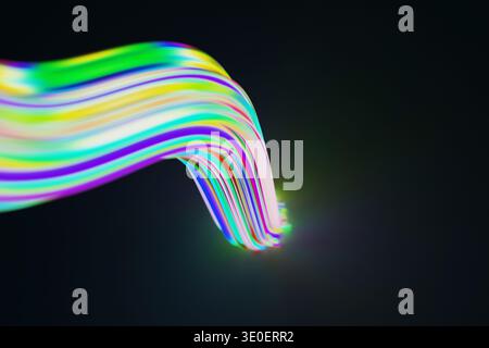 Abstract 3D render of a luminous rainbow wave flowing against a dark background. Vibrant neon stripes create a dynamic, fluid motion with glowing ligh Stock Photo