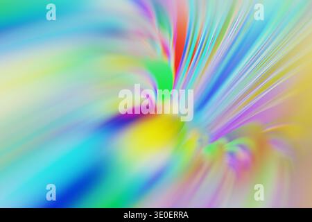 Abstract 3D render of vibrant, multi-colored light trails in a soft, ethereal flow. Dreamy pastel rainbow waves with motion blur create a bright, futu Stock Photo