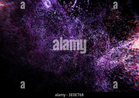 Glowing violet particles swirling in dark space. Abstract energy burst with grainy texture and dynamic light rays. Conceptual art for quantum physics, Stock Photo