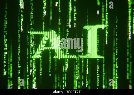 Futuristic AI letters with green binary data rain effect. Abstract visualization of neural networks and deep learning. High-tech digital background re Stock Photo