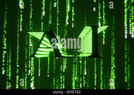 3D AI text in a digital matrix environment with glowing green code falling. Concept of artificial intelligence, machine learning, and cybersecurity. F Stock Photo