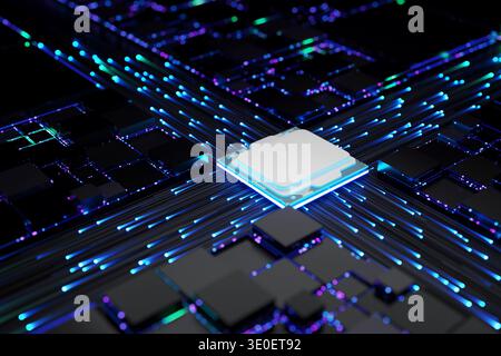 Futuristic AI CPU processor on a glowing motherboard. High-tech visualization of data transfer through blue light trails. Perfect for concepts of mach Stock Photo