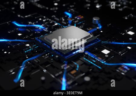 High-tech powerful CPU processor on a black motherboard. Glowing blue light trails represent fast data processing, energy flow, and futuristic computi Stock Photo