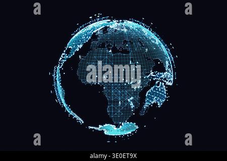 Digital 3D hologram of the Earth globe made of glowing blue dots and lines. A concept of global connectivity, worldwide data networks, and cyber secur Stock Photo